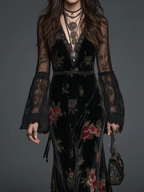 Abito Maxi in Velluto Nero con Stampa Floreale e Maniche in Pizzo