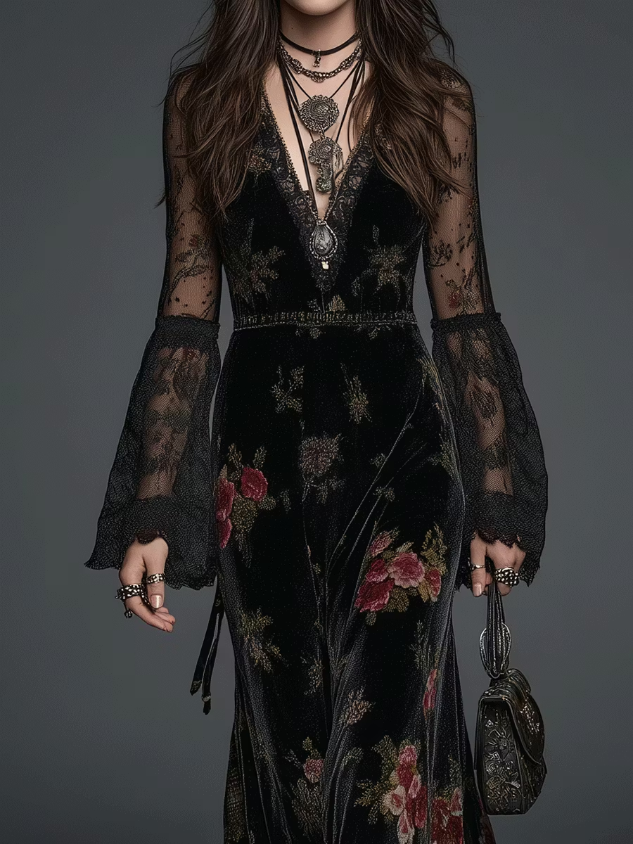 Abito Maxi in Velluto Nero con Stampa Floreale e Maniche in Pizzo