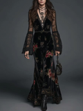 Abito Maxi in Velluto Nero con Stampa Floreale e Maniche in Pizzo