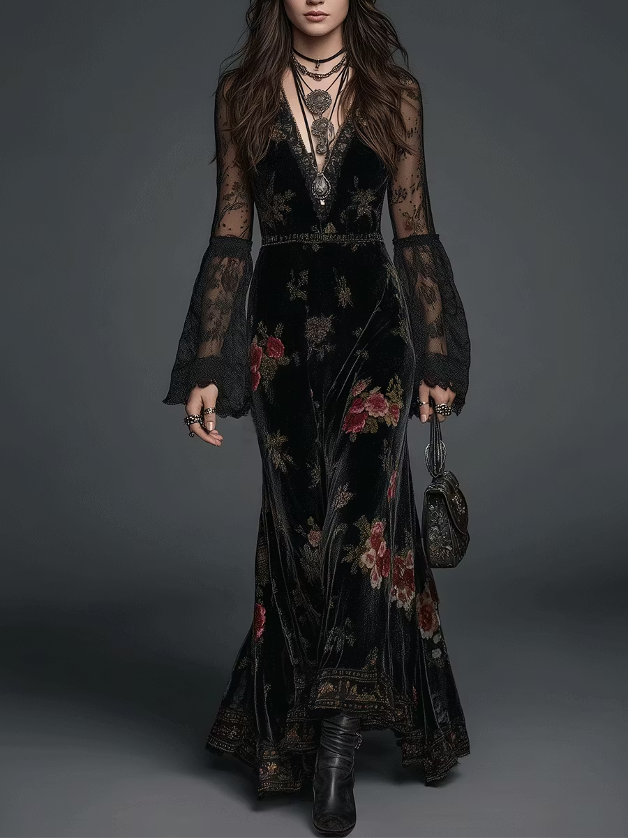Abito Maxi in Velluto Nero con Stampa Floreale e Maniche in Pizzo