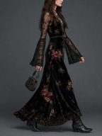 Abito Maxi in Velluto Nero con Stampa Floreale e Maniche in Pizzo