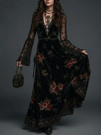 Abito Maxi in Velluto Nero con Stampa Floreale e Maniche in Pizzo