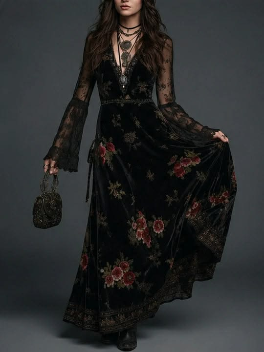 Abito Maxi in Velluto Nero con Stampa Floreale e Maniche in Pizzo
