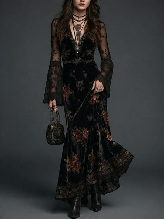 Abito Maxi in Velluto Nero con Stampa Floreale e Maniche in Pizzo