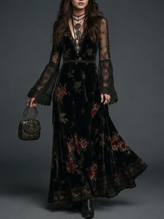 Abito Maxi in Velluto Nero con Stampa Floreale e Maniche in Pizzo
