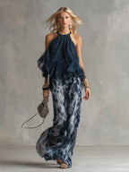 Ludovica | Completo in Chiffon con Top a Collo Alto e Pantaloni Larghi Stampati