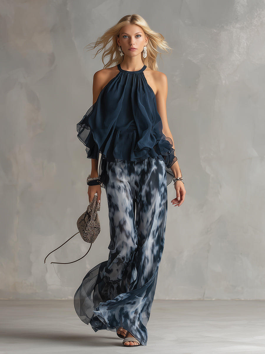 Ludovica | Completo in Chiffon con Top a Collo Alto e Pantaloni Larghi Stampati