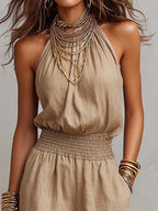 Sole | Tuta in Cotone e Lino con Scollo Halter e Gambe Larghe