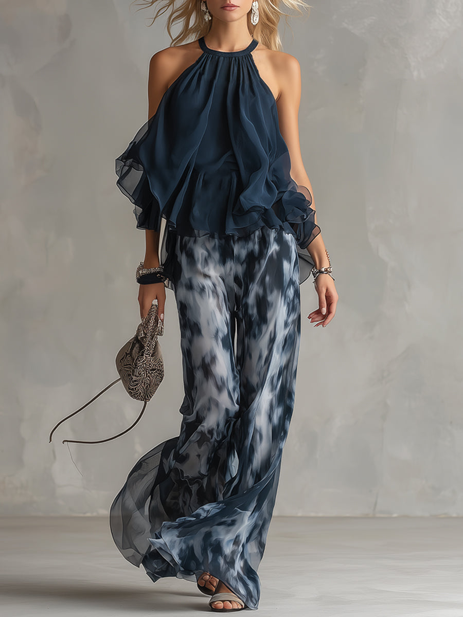 Ludovica | Completo in Chiffon con Top a Collo Alto e Pantaloni Larghi Stampati