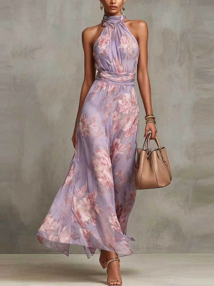 Abito lungo con stampa floreale, scollo all'americana e in chiffon verde