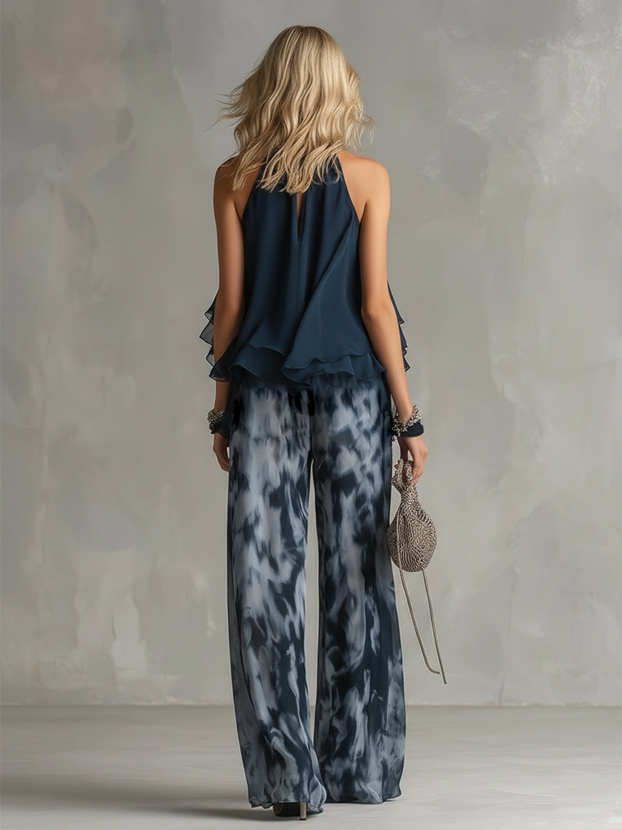 Ludovica | Completo in Chiffon con Top a Collo Alto e Pantaloni Larghi Stampati