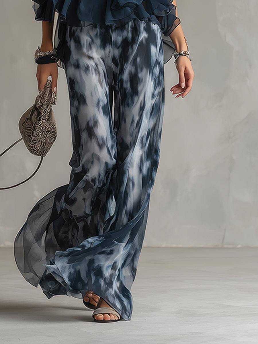 Ludovica | Completo in Chiffon con Top a Collo Alto e Pantaloni Larghi Stampati