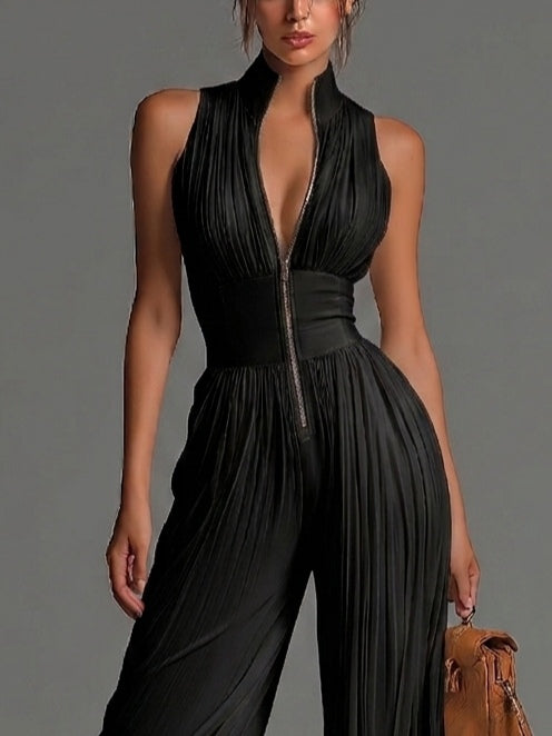 Elisa | Tuta in Chiffon Nera Senza Maniche con Zip e Pieghe a Gamba Larga