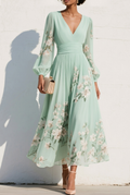 Camilla | Abito Maxi Plissé in Chiffon Verde Menta con Stampa Floreale