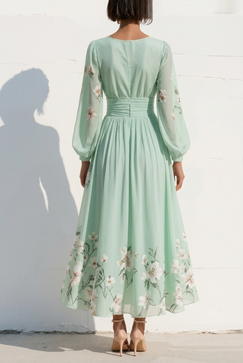 Camilla | Abito Maxi Plissé in Chiffon Verde Menta con Stampa Floreale