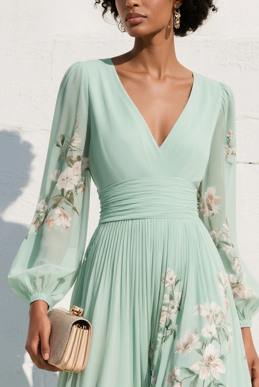 Camilla | Abito Maxi Plissé in Chiffon Verde Menta con Stampa Floreale