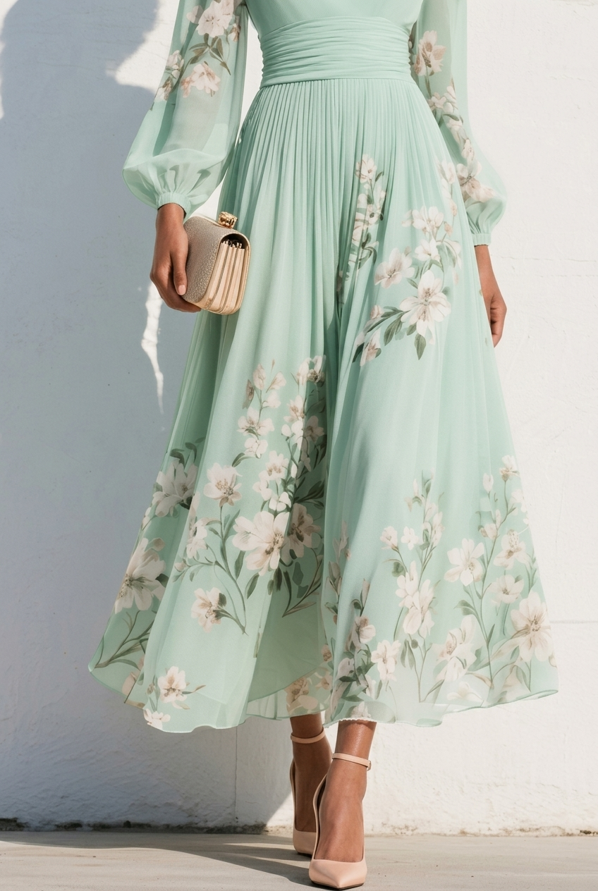 Camilla | Abito Maxi Plissé in Chiffon Verde Menta con Stampa Floreale