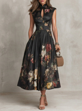 Greta | Abito Midi in Satin Plissettato con Scollo a Chiave Nero