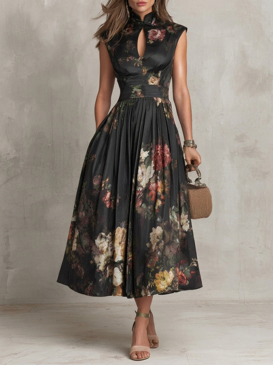 Greta | Abito Midi in Satin Plissettato con Scollo a Chiave Nero