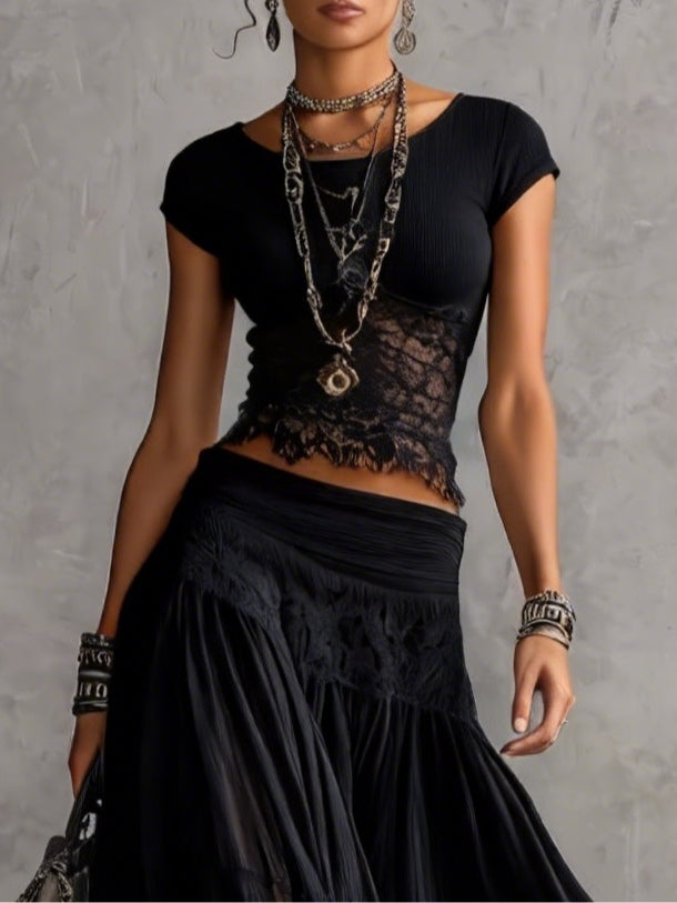 Ludovica | Set Top in Pizzo Nero Trasparente e Gonna Maxi Plissettata