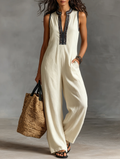 Bianca | Salopette Minimalista in Misto Lino con Zip e Ricamo