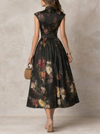 Greta | Abito Midi in Satin Plissettato con Scollo a Chiave Nero