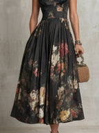 Greta | Abito Midi in Satin Plissettato con Scollo a Chiave Nero