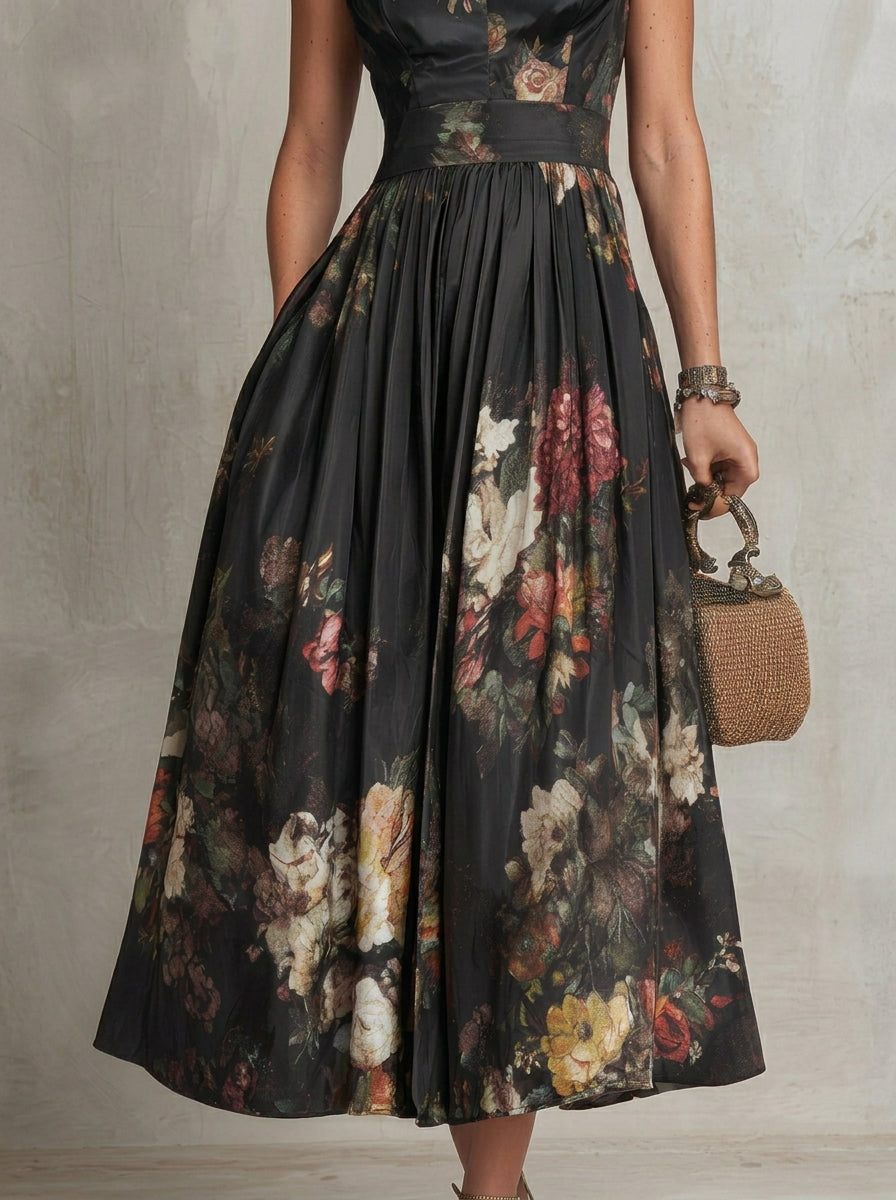 Greta | Abito Midi in Satin Plissettato con Scollo a Chiave Nero